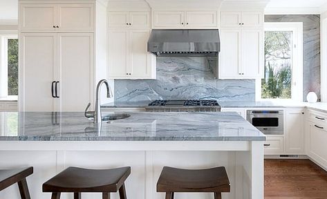 blue macaubus quartzite countertops on kitchen island and backsplash Kichen Remodel, Blue Countertops, Quartzite Kitchen, Replacing Kitchen Countertops, Diy Kitchen Countertops, Outdoor Kitchen Countertops, Kitchen Countertop Materials, Laminate Kitchen, New Countertops