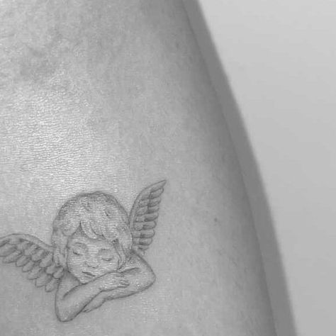 Fine Line Tattoos on Instagram: "Sleepy Cupid 👼 #finelinetattoo #goldcoasttattoo #ivyink #goldcoast" Two Cherubs Tattoo Simple, Cherub Line Tattoo, Sleeping Angel Tattoo, Cherub Sleeping Tattoo, Sleeping Baby Angel Tattoo, Cherub Tattoo, Sleepy Girl, Angel Tattoo, Fine Line Tattoos