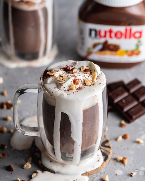 Nutella Hot Chocolate Nutella Hot Chocolate Recipe, Nutella Hot Chocolate, Hazelnut Milk, Chocolate Nutella, Homemade Whipped Cream, Hot Chocolate Recipes, Chocolate Shavings, Bittersweet Chocolate, Unsweetened Cocoa