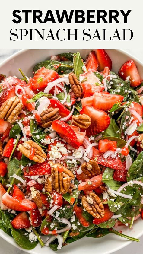 This bright and bold strawberry spinach salad is the perfect recipe for strawberry season! Spinach Salad With Feta, Recipe With Pecans, Strawberry Salad Dressing, Strawberry Spinach Salad, Fresh Summer Salad, Spinach Salad Recipes, Salad With Feta, Vegetarian Salad Recipes, Strawberry Spinach