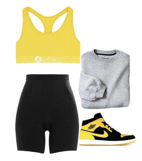 Yellow Gym Outfit, Sporty Girl Outfits, 2023 Review, Sports Bra Outfit, Cute Sporty Outfits, Black Biker Shorts, Cute Nike Outfits, Yellow Sneakers, Cute Workout Outfits