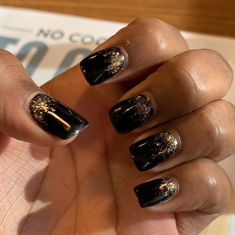 Black And Gold New Years Nails, Black And Golden Nails, Black Nails With Gold Glitter, Toenail Art, Black Gold Nails, Nye Nails, New Years Nails, New Years Nail Art, Gold Acrylic Nails