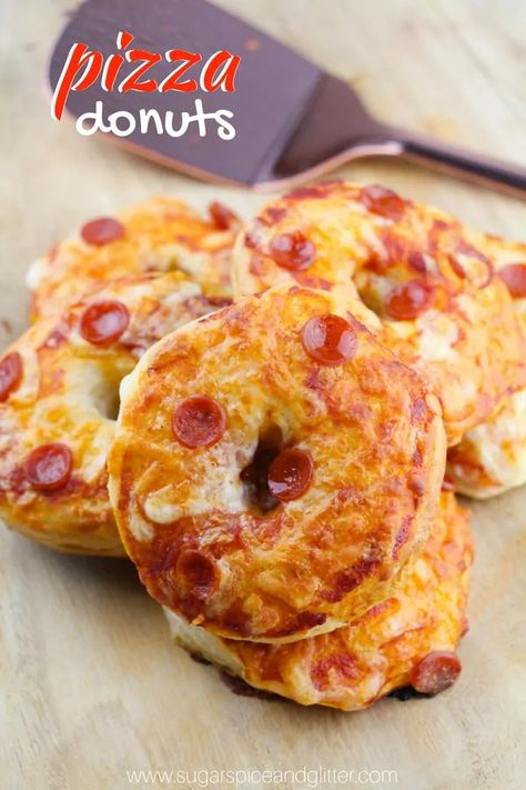 Homemade Pizza Donuts are a fun family night idea or party recipe kids can help make Pizza Donut Recipe, Donut Pan Recipe, Pizza Donuts, Savory Donuts, Donut Theme Party, Pizza Slider, Doughnut Party, Kids Pizza, Donut Themed Birthday Party