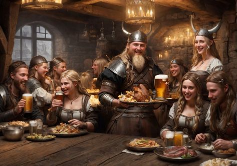 A group of people dressed as Vikings celebrate with food and drink in a rustic tavern setting. Viking Tavern, Tavern Scene, People Eater, A Group Of People, Deep Dream, Group Of People, People Dress, A Group, Vikings