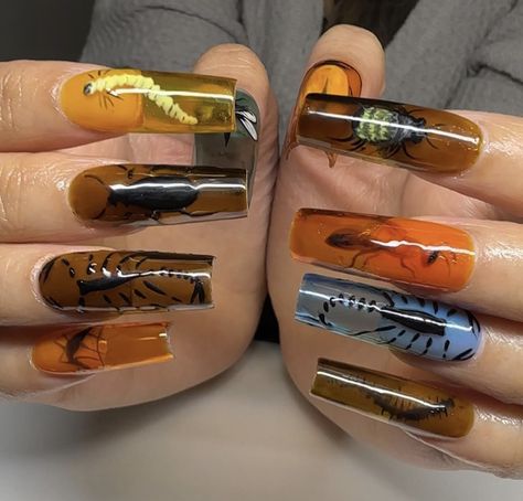 Weird Halloween Nails, Gummy Worm Nails, Weird Girl Nails, Bug Nails Art, Weird Nails Design, Slug Nails, Ugly Nails Weird, Ugly Acrylic Nails, Crazy Nail Designs Unique