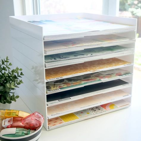 new Stackable Paper Tray - Project Idea - Scrapbook.com 12x12 Paper Storage, Scrapbook Paper Organization, Scrapbook Paper Storage, Ink Pad Storage, Craft Paper Storage, Paper Organizer, Arts And Crafts Storage, Scrapbook Storage, Scrapbook Organization