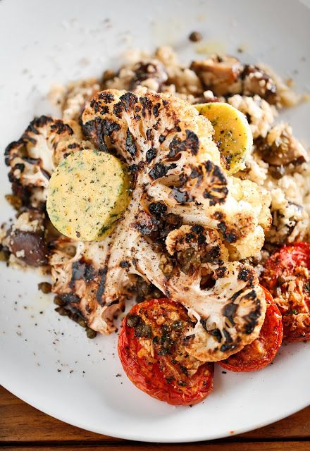 The Chubby Vegetarian: 82 Queen's Cauliflower Steak with Confit Mushroom Pilaf, Herbed Tomatoes, Cheddar-Parsley Butter, and Fried Capers Herbed Tomatoes, Mushroom Pilaf, Parsley Butter, Cauliflower Steaks Recipes, Fried Capers, Cauliflower Steak, Vegan Paleo Recipes, Queens Food, Italian Food Recipes