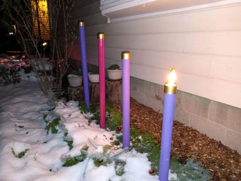 Step Up Your Flame Game: Build Your Own GINORMOUS Outdoor Advent Candle Wreath - BeautySoAncient | Beautiful, Traditional Catholicism Diy Advent Candles, Outdoor Advent Wreath, Advent Candles Diy, Advent Candle Wreath, Catholic Christmas Decorations, Flame Game, Advent Family, Advent Wreath Diy, Advent Wreath Candles