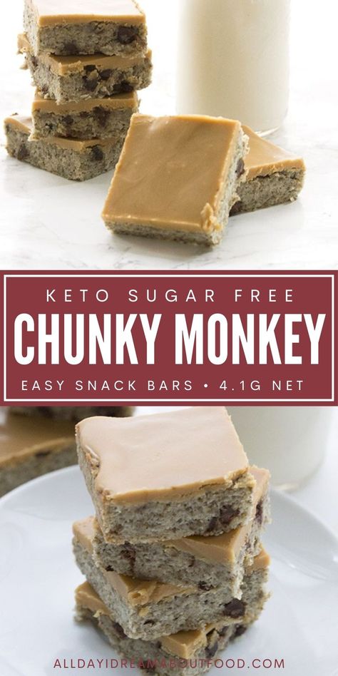 Low carb banana blondies with chocolate chips and a rich peanut butter glaze. A tasty sugar-free snack! Banana Keto Dessert, Keto Banana Recipes, Keto Breakfast Bars, Keto Chocolate Peanut Butter Bars, 4 Ingredient Peanut Butter Banana Bars, Keto Peanut Butter Bars Almond Flour, Keto Peanut Butter Cheesecake Bars, Keto Calzone, Banana Breakfast Bars