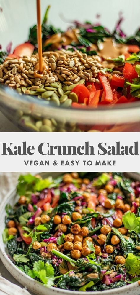 Cruciferous Salad Recipes, Hearty Vegan Salad, Kale Crunch Salad, Coriander Salad, Massaged Kale Salad, Crunch Salad, Massaged Kale, Crispy Chickpeas, Ginger Sauce