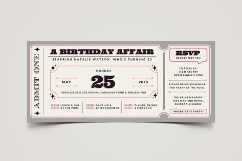 Bday Invitation Card, Ticket Party Invitations, Birthday Ticket, Types Of Parties, Bday Party Invitations, 13th Birthday Invitations, Debut Invitation, Invitation Card Party, 17th Birthday Ideas