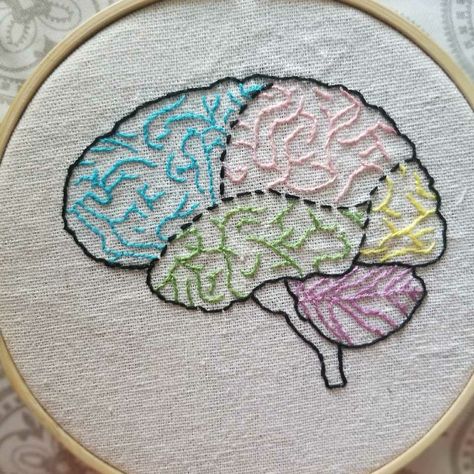 Lobes of the brain Science Embroidery Ideas, Science Embroidery Patterns, Brain Embroidery Pattern, Embroidery Science, Biology Embroidery, Brain Cross Stitch, Brain Embroidery, Science Embroidery, Medical Embroidery