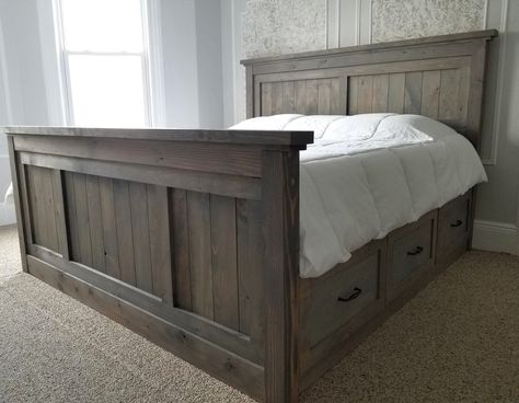 Diy King Bed Frame With Storage, Farmhouse Storage Bed, King Farmhouse Bed, King Size Bed Frame Diy, Diy King Bed, Diy King Bed Frame, Diy Farmhouse Bed, Wood Bed Frame Diy, Farmhouse Bed Frame