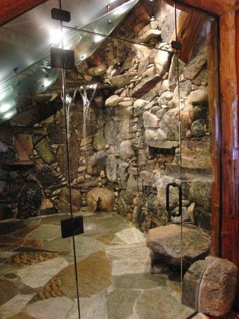 Custom Shower Designs Bringing Nature into Modern Homes Rustic Bathroom Shower, Rock Shower, Drømme Bad, Bathrooms Luxury, Stone Shower, Bathroom Shower Design, Waterfall Shower, Rustic Bathroom Designs, Rustic Bathrooms