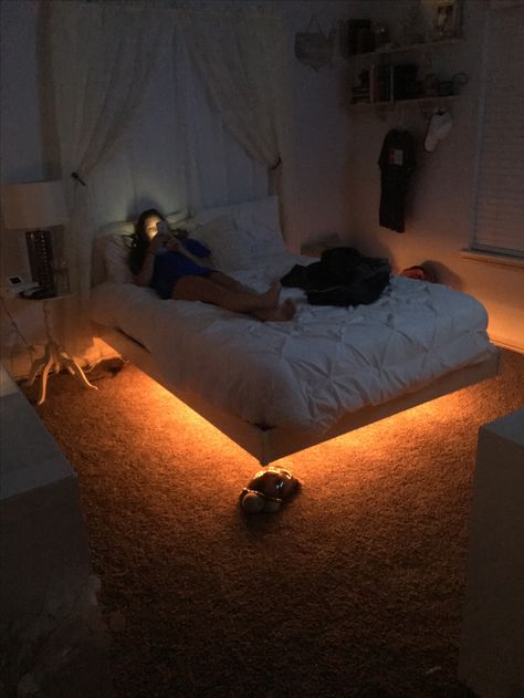 Black Floating Bed Frame, Led Lights Bedroom Aesthetic Under Bed, Floating Bed Decor Ideas, Led Lights Under Bed Frame, Led Lights Bedroom Under Bed, Led Lights Under Bed Aesthetic, Floating Beds With Led Lights, Lights Under Bed Frame, Faux Floating Bed