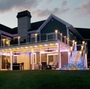 8 Soffit Lighting Ideas for Exterior Lighting Perfection | DEKORⓇ Under Deck Lighting, Upper Deck Ideas Second Story, Two Tier Deck Ideas, Two Story Deck Ideas, Second Story Covered Deck Ideas, Deck With Patio Underneath, 2 Level Deck Ideas, Second Floor Deck Ideas, Multi Level Deck Ideas