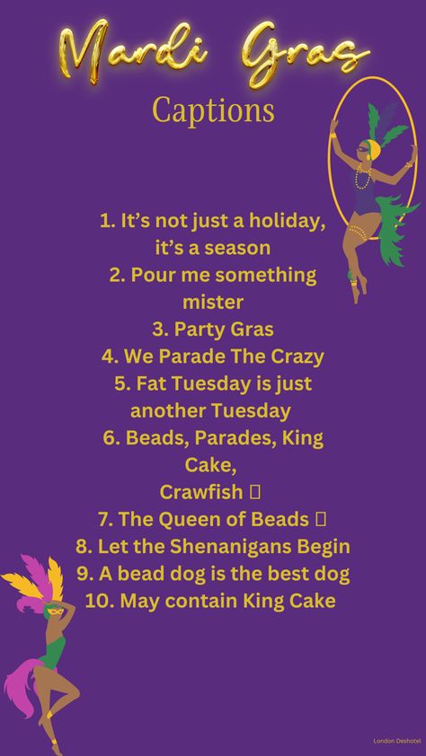 Mardi Gras Captions Instagram, Mardi Gras Captions, Mardi Gras Quotes, Mardi Gras Party Food, Mardi Gras Activities, Anniversary Quotes Funny, Birthday Vibes, Mardi Gra, Mardi Gras Food