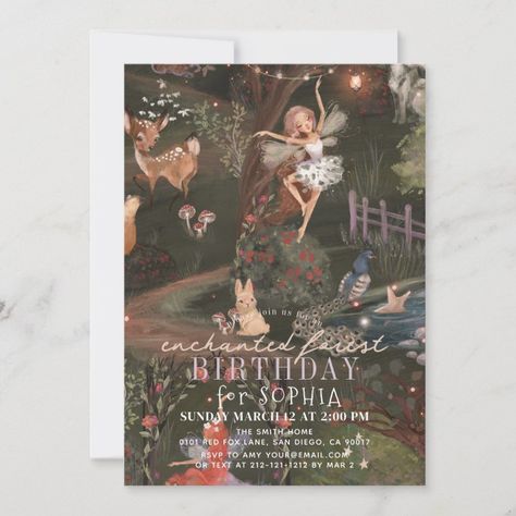 Enchanted Forest Woodland Animals Fairies Birthday Invitation  Zazzle Fairy Birthday Themes, Enchanted Forest Birthday, Woodland Animal Birthday, Rose Patterns, Forest Birthday, 2nd Birthday Invitations, Fairy Birthday, Dinosaur Theme, Bee Theme