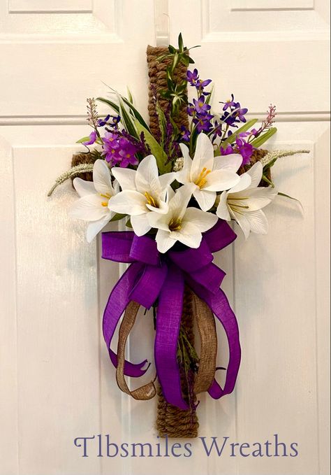 Easter Cross Door Hanger Easter Cross Door Hanger, Dollar Tree Cross Wreath Ideas, Easter Church Flowers, Easter Wreath Cross, Church Easter Decorations, Gravesite Decorations, Pumpkin Wreath Diy, Casket Flowers, Religious Wreath