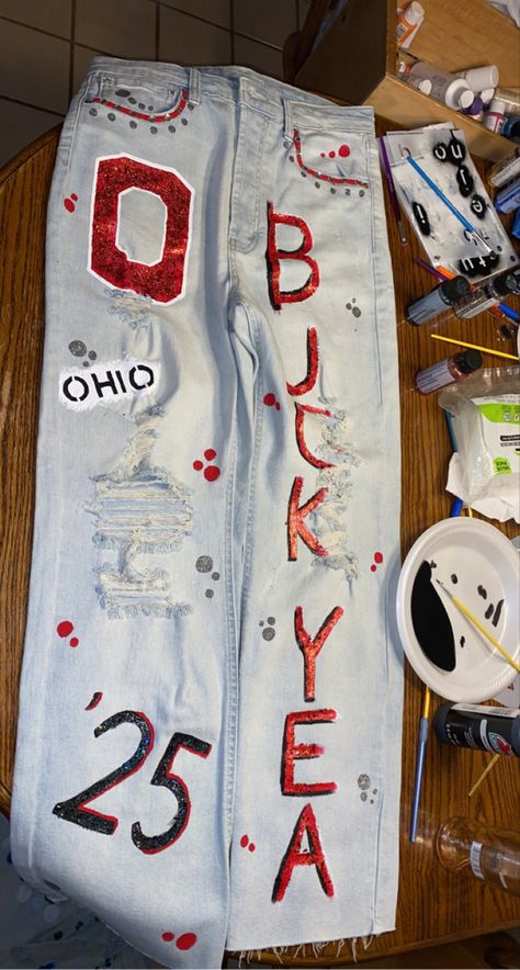 Painted Jeans School Spirit College, College Decision Jeans, College Jeans Painted, Senior Homecoming Jeans, Hoco Jeans Painted, Senior Skirt, Hoco Pants, Homecoming Jeans Ideas, Homecoming Jeans