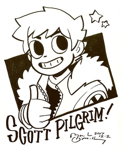 today I got to meet Hirai-san, the Japanese editor of Scott Pilgrim at Village Books. I drew this pic for him. Thanks for everything. 🙇🏻 Bryan Lee O Malley, Scott Pilgrim Comic, Bryan Lee, Scott Pilgrim Vs. The World, Arte 8 Bits, Thanks For Everything, Vs The World, Scott Pilgrim, Trippy Art