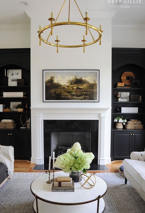 Black Built Ins, White Gold Living Room, Black White Gold Living Room, Built Ins Around Fireplace, Bookshelves Black, Bookshelves Around Fireplace, Living Room Black White, Living Room Traditional, White Built Ins