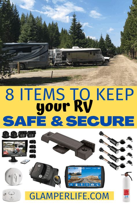 The Best RV Safety Features Available - Glamper Life Rv Security Cameras, Rv Security Ideas, Camper Security, Rv Living Full Time Rv Organization, Camper Must Haves, Rv Security, Rv Essentials, Camper Home, Camping Gear Gadgets