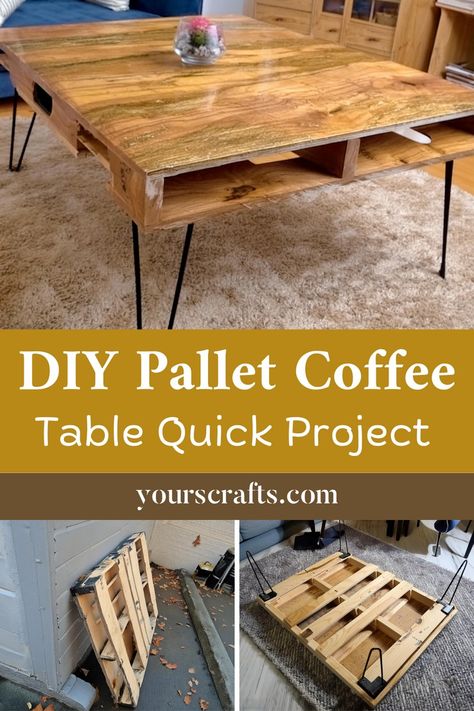 Easy DIY 1 Hour Pallet Coffee Table Project With Hairpin Legs Pallet Craft Table, Diy Table Out Of Pallets, Cheap Diy Coffee Table, Outdoor Pallet Coffee Table Diy, Coffee Table Pallet Diy, Small Pallet Table, Diy Coffee Table Easy, Pallet Table Ideas, Pallet Wood Table