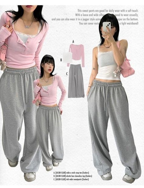 Ulzzang Sweatpants Outfit, Acubi Fit Ideas, Acubi And Coquette, Acubi Sweat Pants, Grey Tops Outfit, Acubi Coquette Fashion, Cute Acubi Outfits, Coquette Sweatpants, Kpop Idol Outfits Casual