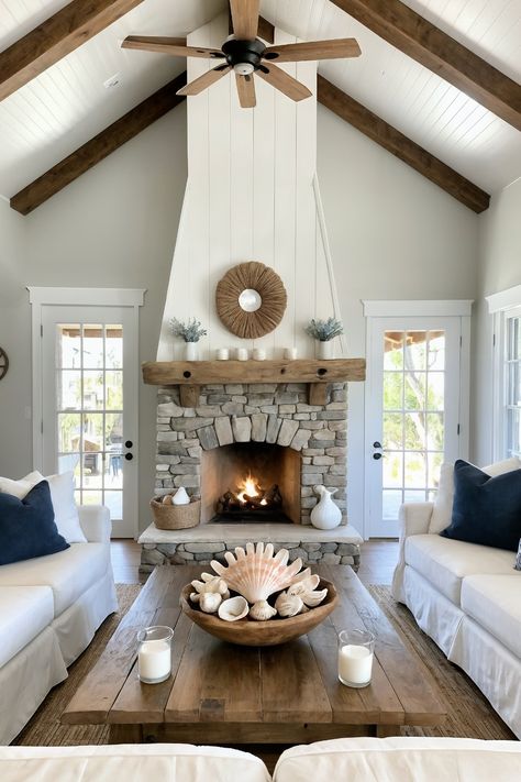 24 Stunning Beach House Living Room Ideas You’ll Want to Steal! – Cabin Nook Dark Wood Beach House, Boho Beach Living Room, Beach House Living Room Ideas, Beach House Decor Living Room, House Living Room Ideas, Beach Home Ideas, Dark Wood Trim, Beach Living Room, Beach House Living Room