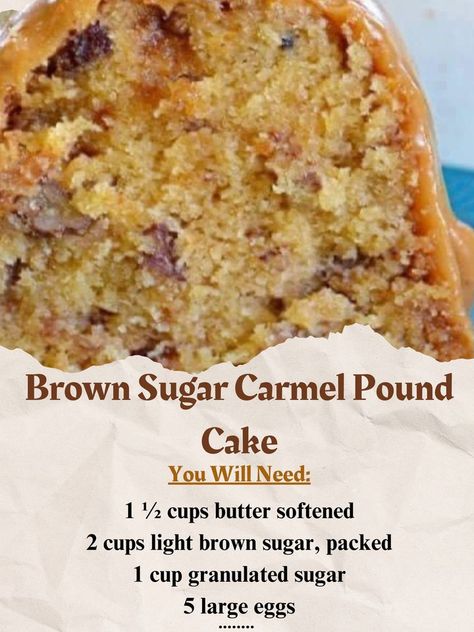 Brown Sugar Carmel Pound Cake - Easy, Inexpensive And Extremely Delicious
Ingredients:
1  cups butter softened
2 cups light brown sugar, packed
1 cup granulated sugar
5 large eggs
3 cups all-purpose flour
1 teaspoon baking powder
 teaspoon salt
1 cup whole milk
1 8oz bag toffee chips I use Heath
1 cup pecans, chopped
Caramel Drizzle:
1  14 oz can sweetened condensed milk
1 cup brown sugar
2 tablespoons butter
 teaspoon vanilla extract
How To Make Brown Sugar Carmel Pound Cake
Preheat oven to 325 Brown Sugar Caramel Pound Cake Recipe, Caramel Pound Cake Recipe, Caramel Pound Cake, Brown Sugar Caramel, Toffee Chips, Salty Cake, Caramel Cake, Bundt Cakes Recipes, Pound Cake Recipes