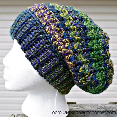 Slouch Hat Free Pattern @OombawkaDesign Slouch Hats, Slouch Hat Pattern, Crochet Adult Hat, Yarn Box, Crochet Slouchy Hat, Crochet Beanies, Crocheted Hats, Crochet Knit Hat, Crochet Cap