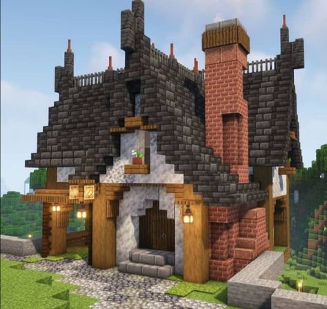 Medieval Minecraft Homes, Medieval Town Square Minecraft, Medieval Well Minecraft, Minecraft Stone Mason, Mc Library, Midevil Minecraft Town, Medevil Minecraft Houses, Small Medieval House, Minecraft Beautiful House