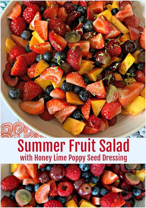 Summer Fruit Salad with Honey Lime Poppyseed Dressing Picnic Fruit Salad, Fruit Salad With Honey, Salad Macaroni, Creamy Wild Rice Soup, Lime Glaze, Berry Fruit Salad, Salad Quinoa, Poppyseed Dressing, Pearl Anniversary