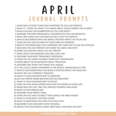 Here are your April journal prompts April Journal Prompts, April Journal, Daily Journal Prompts, Meaningful Conversations, Daily Journal, Life Purpose, Simple Living, Journal Prompts, Self Love