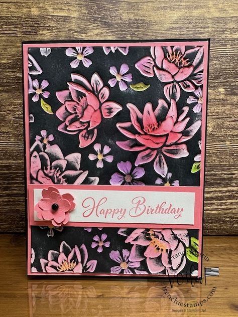 Blackout Embossing Technique with Layered Florals Folder. #LayeredFloralsEmbossingFolder #BlackoutEmbossingTechnique #FrenchieStamps #3DEmbossingFolder#StampinUp #BrightColors #Brayer Blackout Embossing Technique, Layered Florals 3d Embossing Folder, Stampin Up Layered Florals, Stampin Up Floral Cards, Layered Florals Embossing Folder, Happy Birthday Embossing Folder Cards, Stampin Up Embossing Folders, Embossing Folders Techniques, Blackout Technique