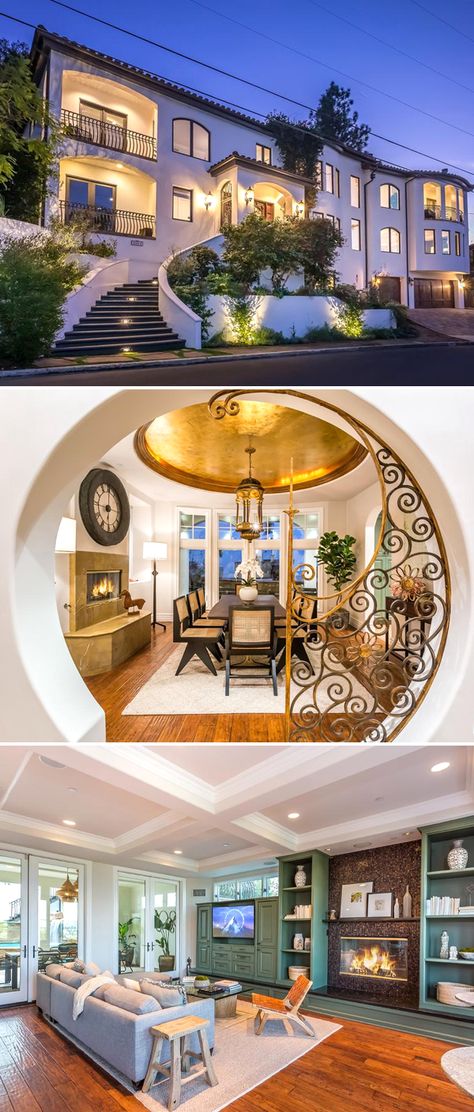 Vanessa Hudgens lists her Mediterranean home on the market for $3.9m. This home has a lush backyard design, chef's kitchen, sweeping staircase, open floor plan, double-sided fireplace, and vaulted ceiling in the master bedroom. Tap on this pin for a closer look! #vanessahudgens #celebrityhomes #realtordotcom #modernhome #interiordesign #interiorideas #luxuryhome #modernhousedesign #architecturelover #livingroomideas Vanessa Hudgens House, Celebrities Homes, Sweeping Staircase, Lush Backyard, Tiny Luxury, Celebrity Mansions, Double Sided Fireplace, Chef's Kitchen, Celebrity Homes