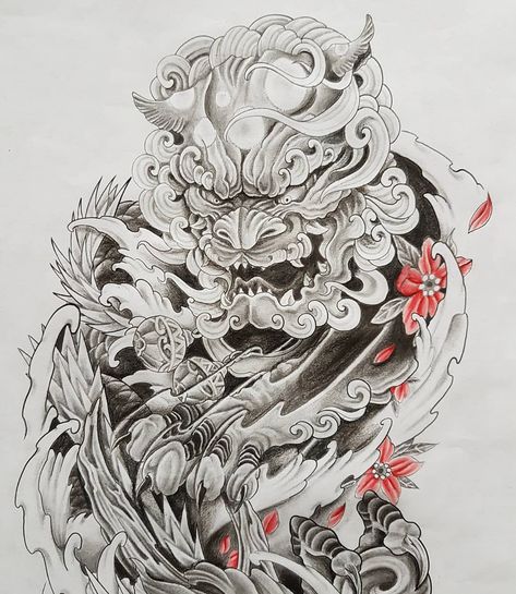 Image may contain: plant Japanese Foo Dog, Tato Phoenix, Foo Dog Tattoo Design, Japanese Phoenix Tattoo, Samurai Tattoo Sleeve, Foo Dog Tattoo, Hanya Tattoo, Tato Dada, Samurai Tattoo Design