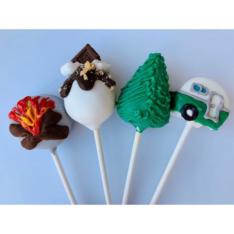 Camping Themed Cake, Ballerina Cake Pops, Camping Theme Cakes, Baseball Cake Pops, Camping Cake, Themed Cake Pops, White Cake Pops, Camping Cakes, Custom Cake Pops