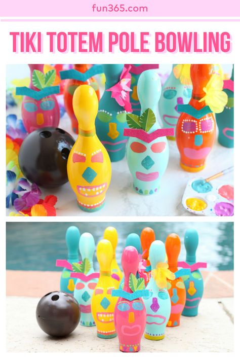 Take bowling to a tropical level with this DIY tiki totem pole bowling idea! Mariah from Giggles Galore shows how you can easily turn a regular bowling set into a themed party game perfect for luaus! Luau Birthday Games, Tropical Theme Party Games, Hawaii Themed Party Games, Tiki Party Games, Tiki Party Activities, Hawaiian Theme Party Games, Tropical Party Diy, Tiki Party Diy, Lilo And Stitch Games Party Ideas