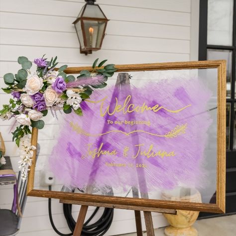 Personalized welcome sign to your special event!

#weddingdecor #welcomesign #lilacwedding #royalwedding #valenineswedding #afrobohochic #sittingchart #acrylicsign #glass sign Welcome Sign Plexiglass Wedding, Wedding Welcome Sign Glass Paint, Purple Welcome Sign, Purple Wedding Signage, Purple Wedding Welcome Sign, Welcome Wedding Sign Plexi Painted, Welcome Wedding Sign Purple, Mirror Sign, Event Sign