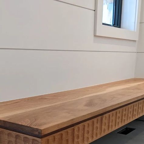 Peak Woodworking on Instagram: "The carved bench is done! Plain sawn white oak top with a rift cut white oak carved skirt and walnut reveal. I had so much fun with this one! Thank you to the Mcleans for your patience and trust, it means a lot. Shout out to @vel4nie for help with the install. Total build time: 26 hours. 
.
#woodworking #floatingbench #toronto #millwork #custom #oneofakind #homereno #homeinspo #homedecor #mudroom #mudroomdesign #oakandwalnut" Carved Bench, Mudroom Design, Home Reno, White Oak, Shout Out, Toronto, Walnut, Bench, Woodworking