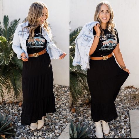 Shelf: 100% Rayon Lining: 100% Rayon 37" In Length Tie, Adjustable Waist Long Black Maxi Skirt, Boho Mom, Vintage Maxi Skirt, Maxi Lace Skirt, Maxi Skirt Outfits, Striped Maxi Skirts, Black Maxi Skirt, Tiered Maxi Skirt, Black Boho