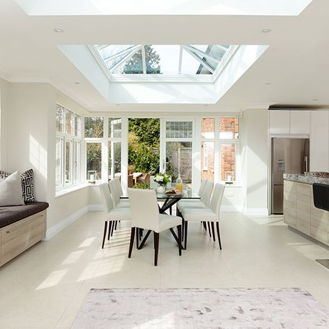 White dining room with skylight | Kitchen decorating | Beautiful Kitchens | Housetohome.co.uk Kitchen Dining Rooms, Extension Veranda, Kitchen Dining Room Combo, Skylight Kitchen, Modern Kitchen Dining, Open Plan Kitchen Diner, Interior Design Contemporary, Roof Lantern, White Dining Room