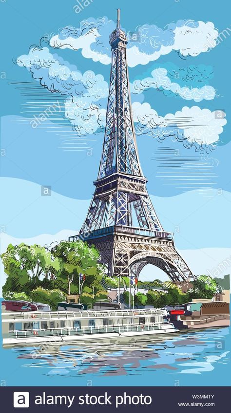 Descargar este vector: Coloridos dibujos a mano ilustración vectorial de la Torre Eiffel, símbolo de París, Francia. Paisaje con vista a la Torre Eiffel, el río Sena terraplén. Col - W3MMTY de la biblioteca de Alamy de millones de fotografías, ilustraciones y vectores de alta resolución. Paris Art Painting, Eiffel Tower Illustration, Eiffel Tower Drawing, Paris Travel Poster, Torre Eiffel Paris, Eiffel Tower Painting, Landscape Pencil Drawings, Paris Illustration, Seine River