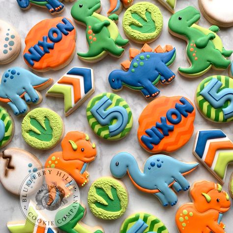 Ann Clark Dinosaur Cookies Decorated, Dinosaur Cookies Decorated, Firefighter Cookie, First Birthday Cookies, Dinosaur Birthday Party Decorations, Dino Cake, Royal Iced Cookies, Dinosaur Cookies, Cookies Theme