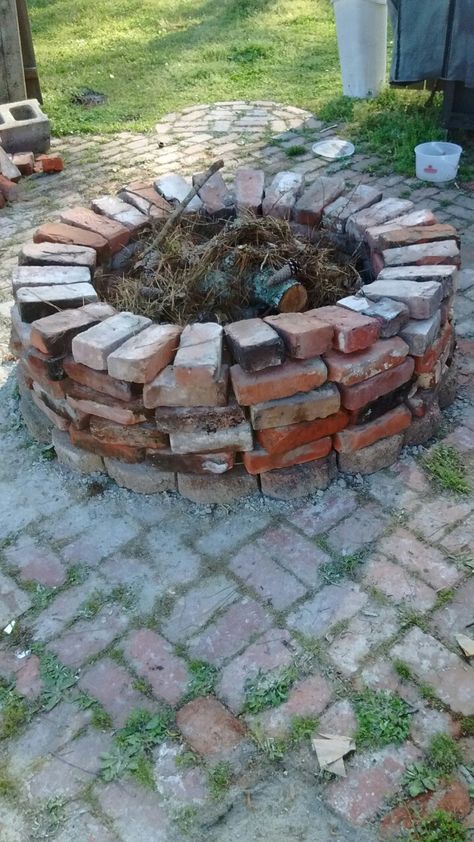 Extra Bricks Projects, Brick Bonfire Pit, How To Make A Brick Fire Pit, Small Brick Fire Pit, Diy Brick Patio With Fire Pit, Diy Fire Pit With Red Bricks, Circular Brick Fire Pit, Paver Fire Pit, Cinder Block Fire Pit