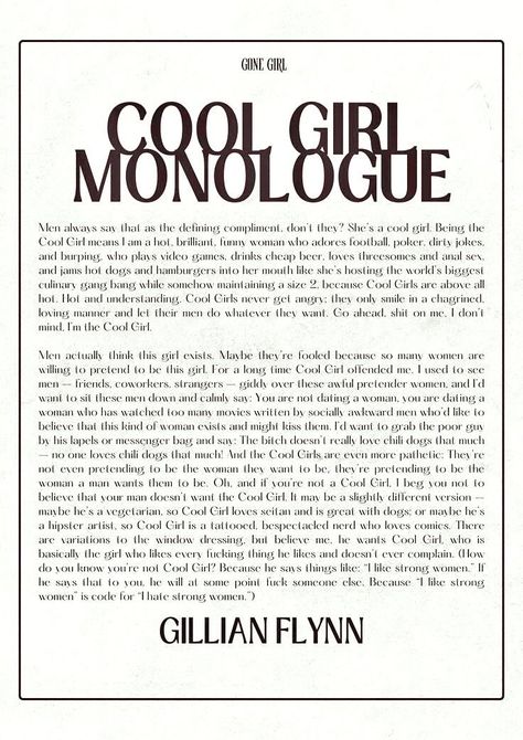 Movie Monologues Female, Monologues Female Funny, Cool Girl Monologue, Female Monologues, Acting Monologues, Acting Scripts, Gillian Flynn, Acting Tips, Gone Girl