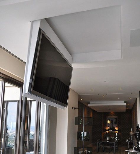 Tv From Ceiling, Tv Hanging From Ceiling, Tv Mounted, Theater Rooms, Ceiling Tv, Tv Lift, Tv In Kitchen, Hidden Tv, Suport Tv