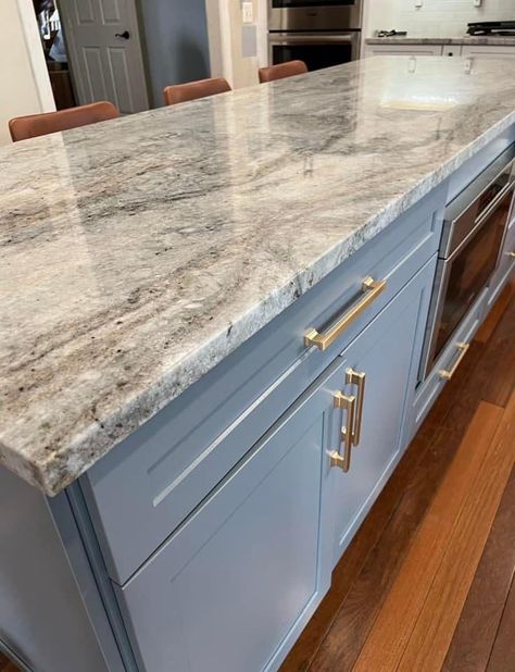 Blue Kitchen Granite Countertops, Azul Platino Granite Kitchen, Blue Granite Kitchen, Azul Platino Granite, Leathered Granite Countertops, Leathered Granite, Navy Kitchen, River Blue, Blue Granite